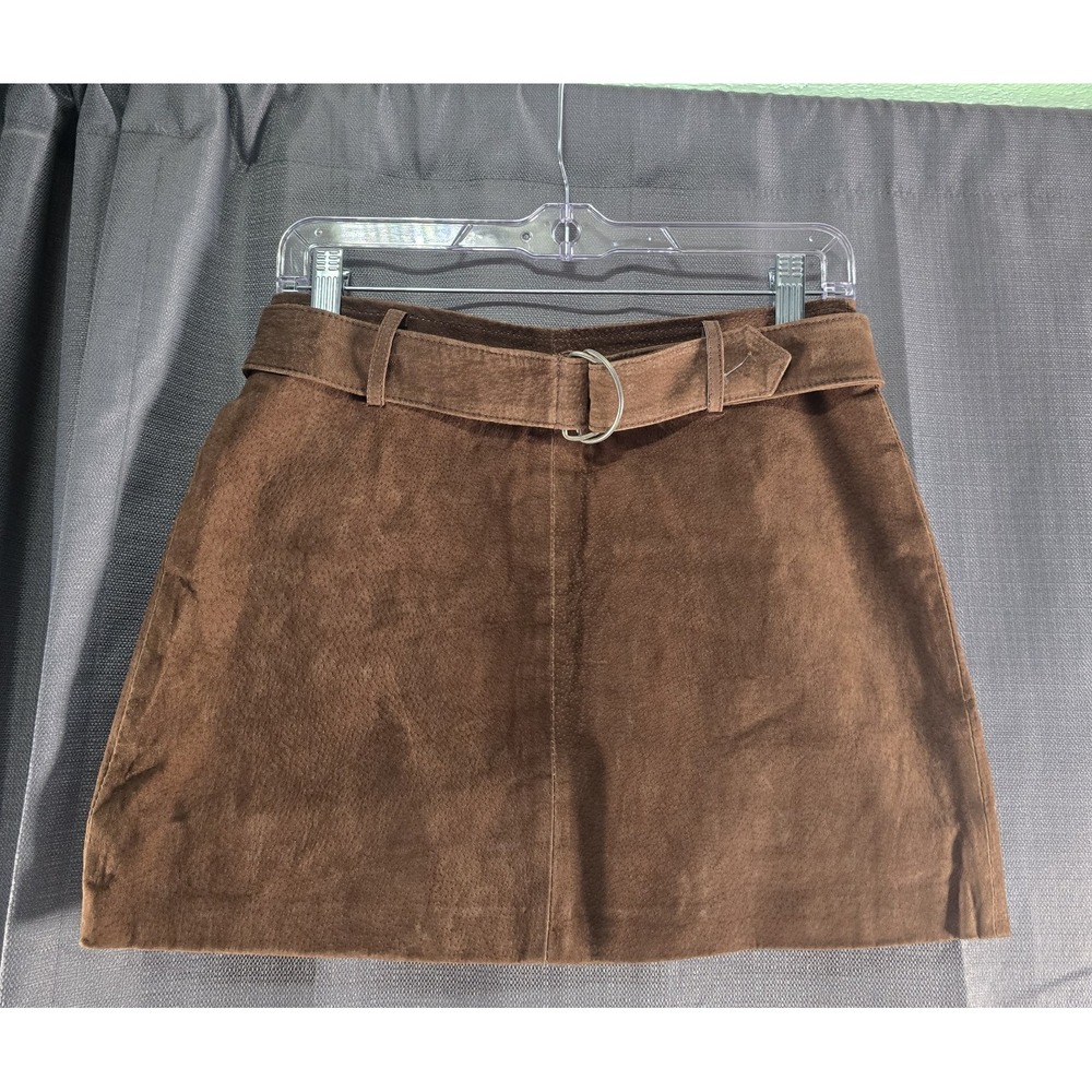 Weather Vane Brown Suede Leather Solid Mini Skirt Belted Buckle Zip Lined 3